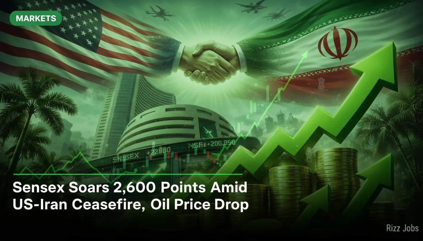 Sensex Soars 2,600 Points Amid US-Iran Ceasefire, Oil Price Drop — Rizz Jobs